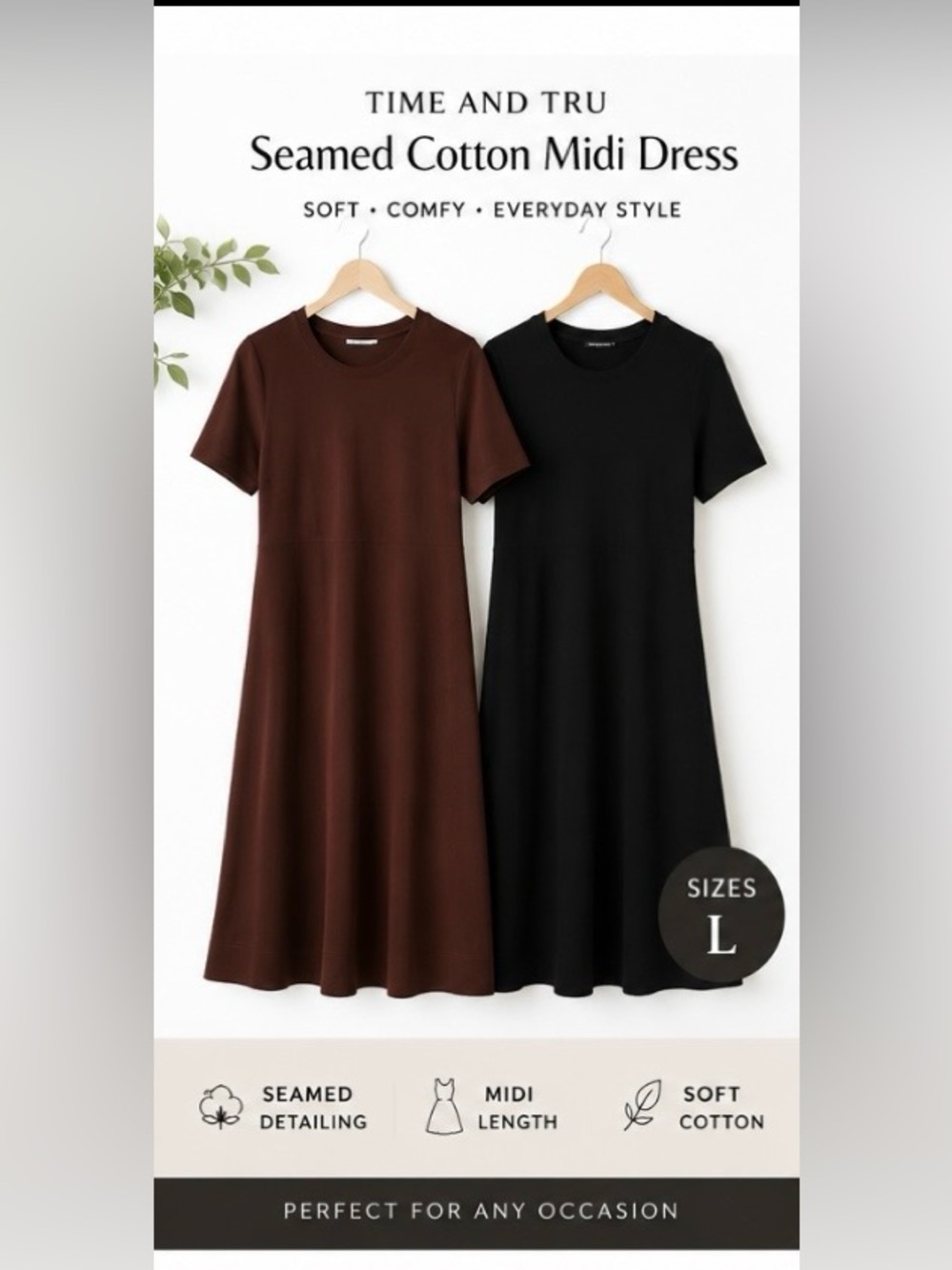 NWT Set of 2 Time and Tru Seamed Cotton Midi Dress size L